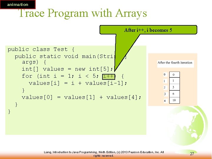 animation Trace Program with Arrays After i++, i becomes 5 public class Test {