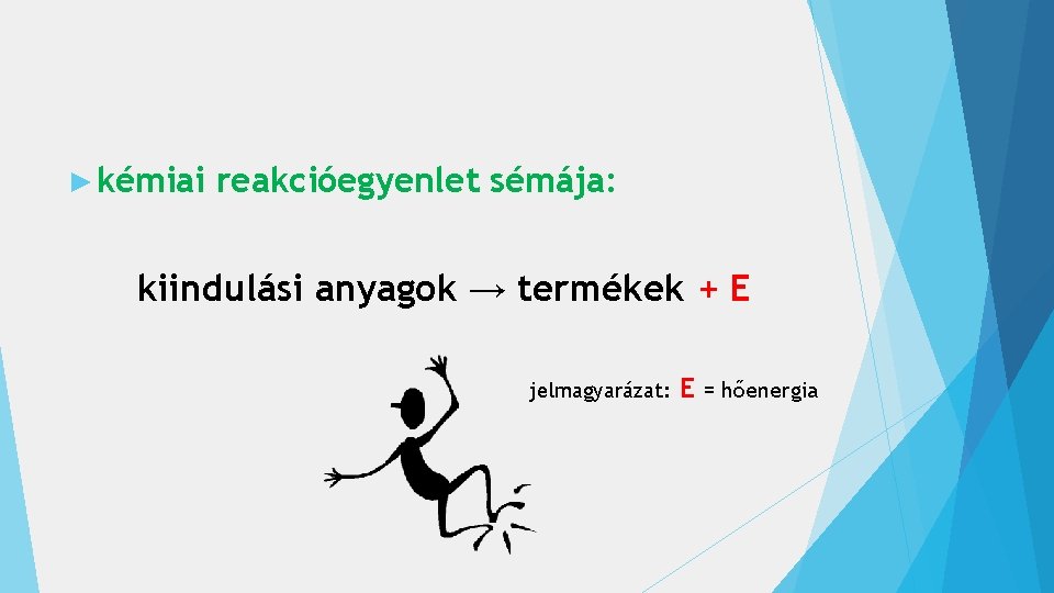 ► kémiai reakcióegyenlet sémája: kiindulási anyagok → termékek + E jelmagyarázat: E = hőenergia