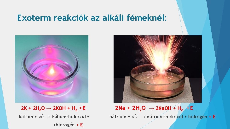 Exoterm reakciók az alkáli fémeknél: 2 K + 2 H 2 O → 2