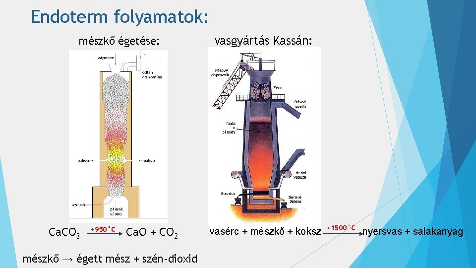 Endoterm folyamatok: mészkő égetése: Ca. CO 3 +950°C Ca. O + CO 2 mészkő