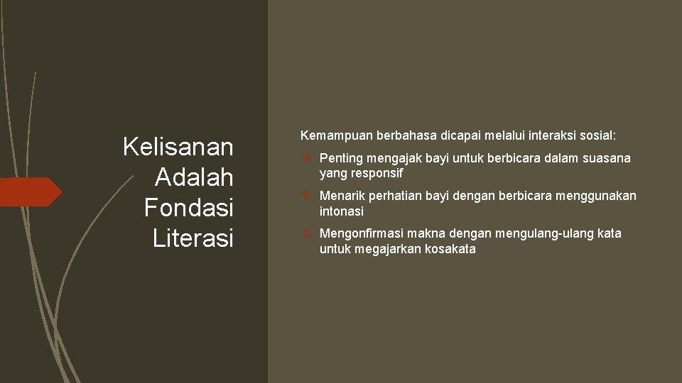 Kelisanan Adalah Fondasi Literasi Kemampuan berbahasa dicapai melalui interaksi sosial: Penting mengajak bayi untuk