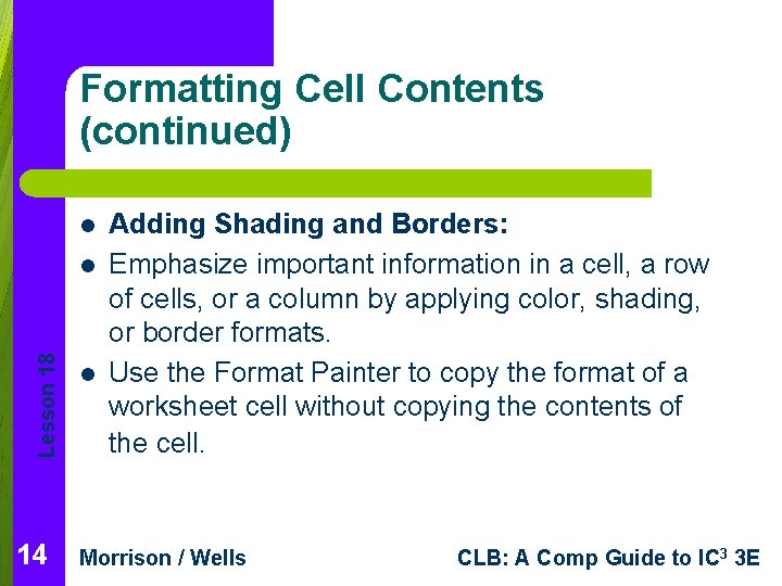 Formatting Cell Contents (continued) l Lesson 18 l 14 l Adding Shading and Borders: