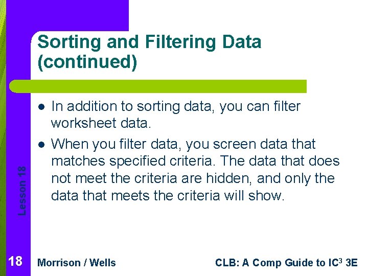 Sorting and Filtering Data (continued) l Lesson 18 l 18 In addition to sorting