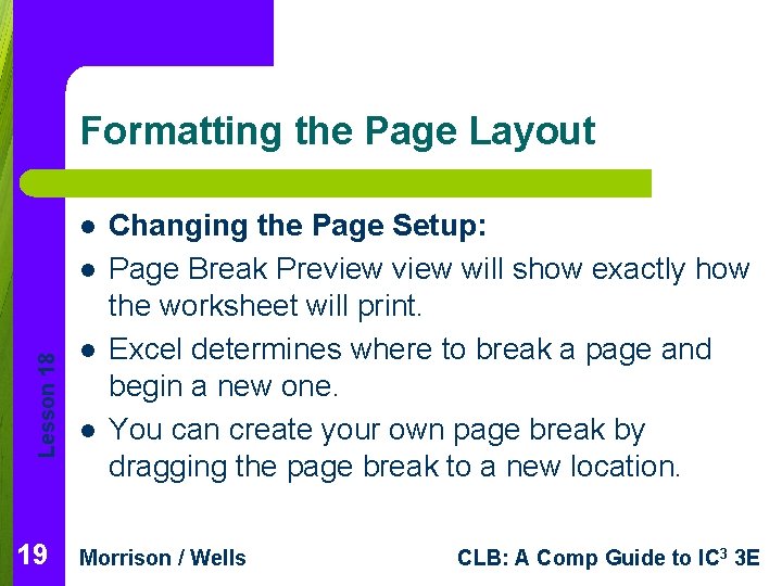 Formatting the Page Layout l Lesson 18 l 19 l l Changing the Page