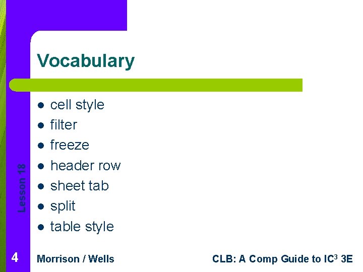 Vocabulary l l Lesson 18 l l l 4 cell style filter freeze header