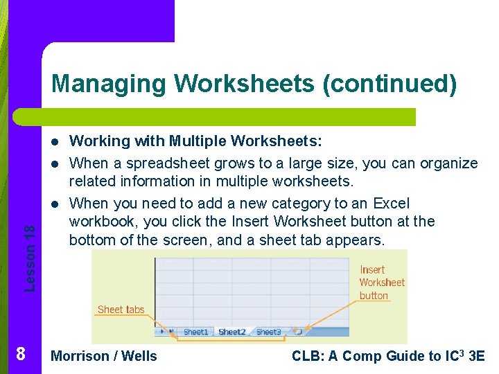 Managing Worksheets (continued) l l Lesson 18 l 8 Working with Multiple Worksheets: When