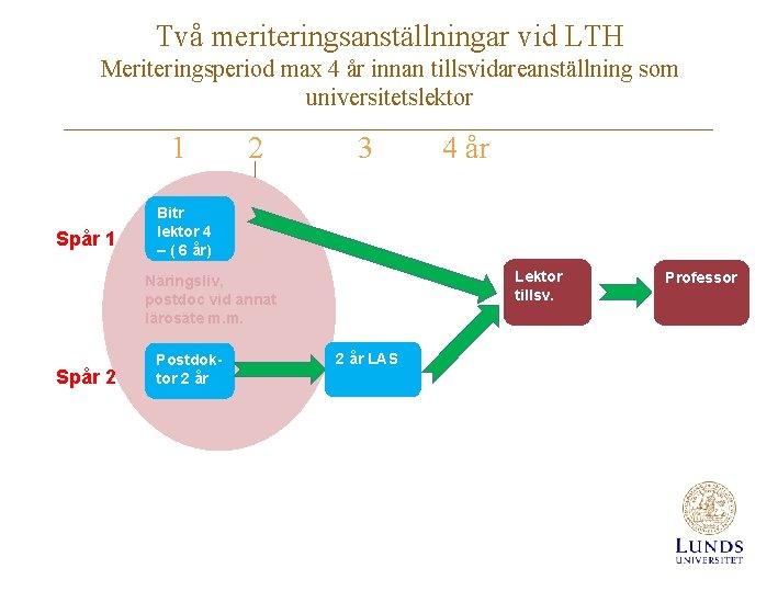 Två meriteringsanställningar vid LTH Meriteringsperiod max 4 år innan tillsvidareanställning som universitetslektor 1 Spår