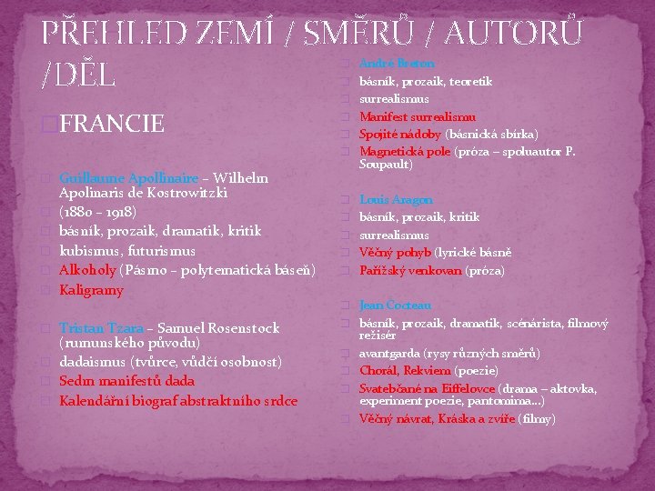 PŘEHLED ZEMÍ / SMĚRŮ / AUTORŮ /DĚL � André Breton � básník, prozaik, teoretik