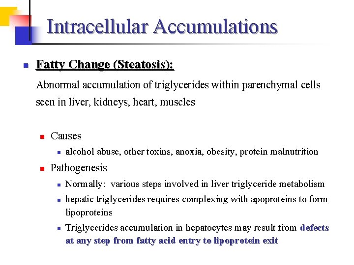 Intracellular Accumulations n Fatty Change (Steatosis): Abnormal accumulation of triglycerides within parenchymal cells seen