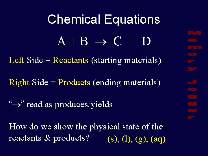 Chemical Equations A+B C + D Left Side = Reactants (starting materials) Right Side