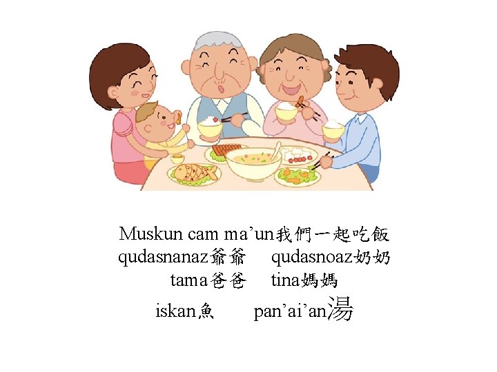 Muskun cam ma’un我們一起吃飯 qudasnanaz爺爺 qudasnoaz奶奶 tama爸爸 tina媽媽 iskan魚 pan’ai’an湯 