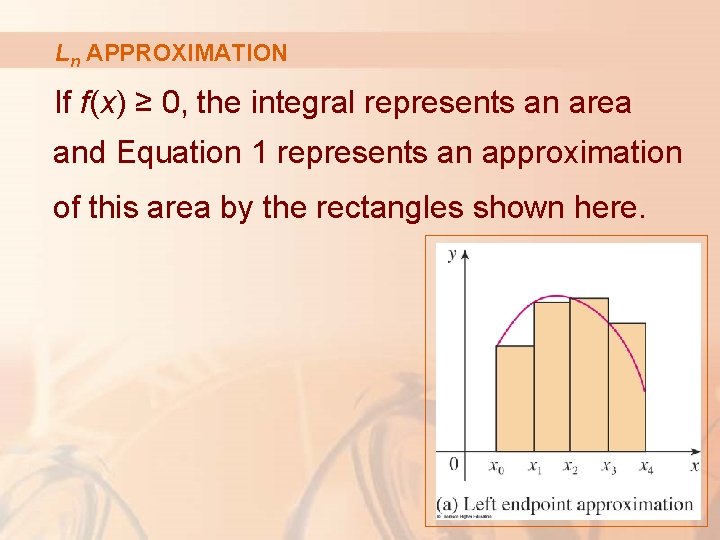 Ln APPROXIMATION If f(x) ≥ 0, the integral represents an area and Equation 1