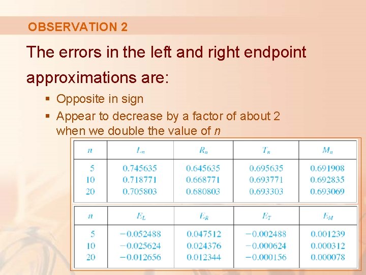 OBSERVATION 2 The errors in the left and right endpoint approximations are: § Opposite