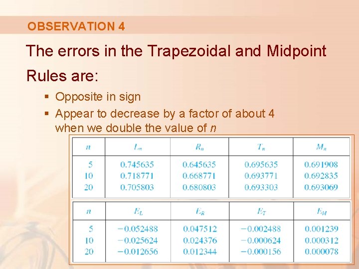 OBSERVATION 4 The errors in the Trapezoidal and Midpoint Rules are: § Opposite in