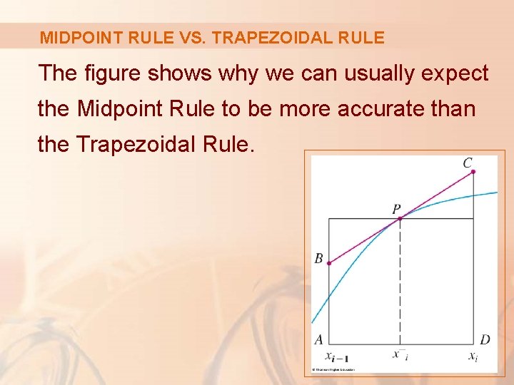 MIDPOINT RULE VS. TRAPEZOIDAL RULE The figure shows why we can usually expect the