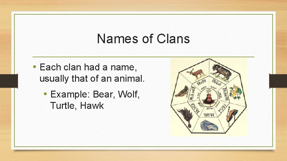 Names of Clans • Each clan had a name, usually that of an animal.