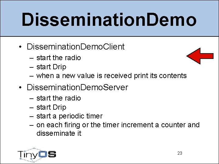 Dissemination. Demo • Dissemination. Demo. Client – start the radio – start Drip –