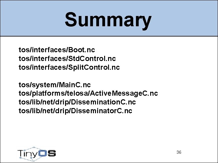 Summary tos/interfaces/Boot. nc tos/interfaces/Std. Control. nc tos/interfaces/Split. Control. nc tos/system/Main. C. nc tos/platforms/telosa/Active. Message.