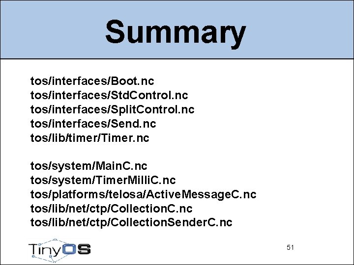 Summary tos/interfaces/Boot. nc tos/interfaces/Std. Control. nc tos/interfaces/Split. Control. nc tos/interfaces/Send. nc tos/lib/timer/Timer. nc tos/system/Main.