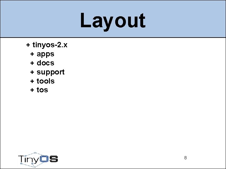 Layout + tinyos-2. x + apps + docs + support + tools + tos