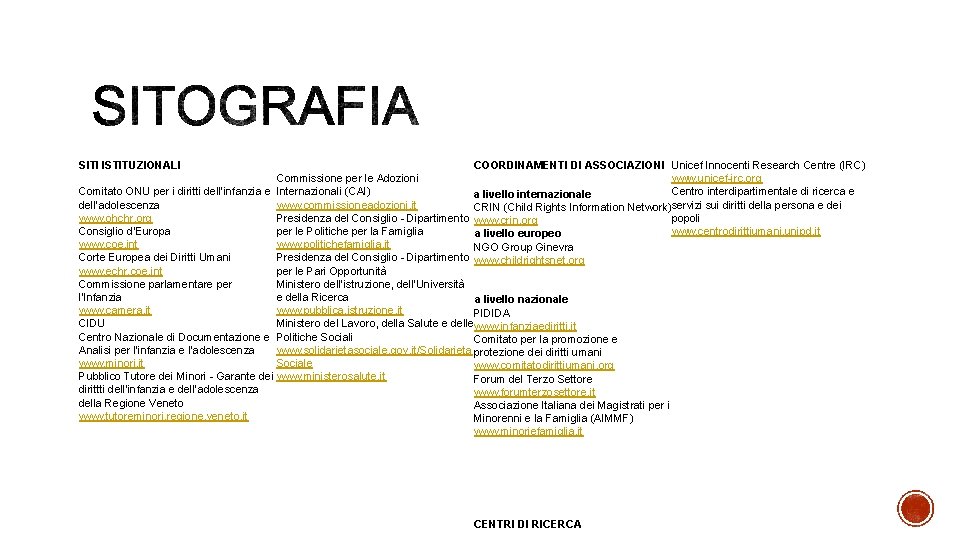 SITI ISTITUZIONALI COORDINAMENTI DI ASSOCIAZIONI Unicef Innocenti Research Centre (IRC) Commissione per le Adozioni