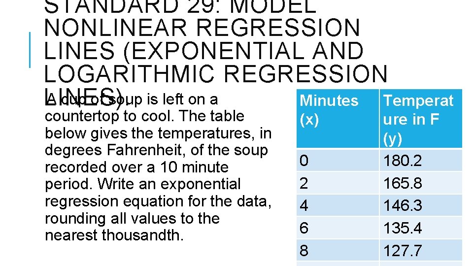 STANDARD 29: MODEL NONLINEAR REGRESSION LINES (EXPONENTIAL AND LOGARITHMIC REGRESSION A cup of soup