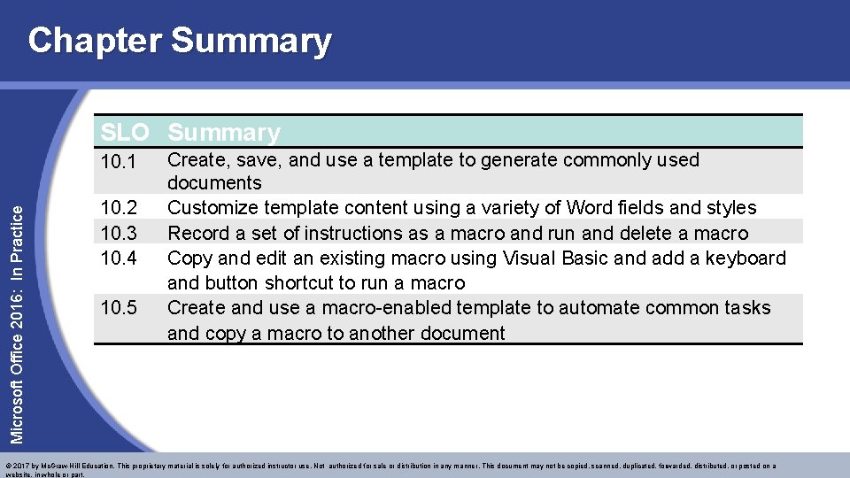 Chapter Summary SLO Summary Microsoft Office 2016: In Practice 10. 1 10. 2 10.