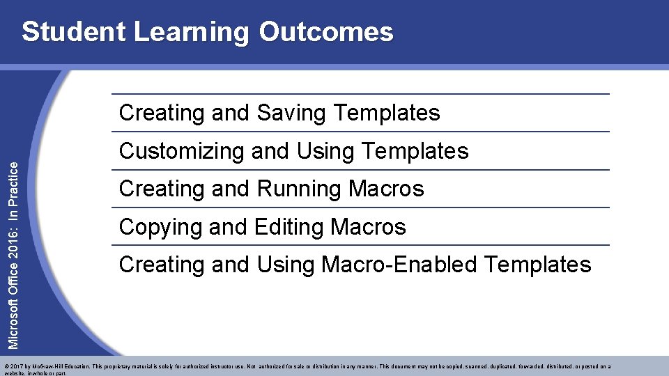 Student Learning Outcomes Microsoft Office 2016: In Practice Creating and Saving Templates Customizing and