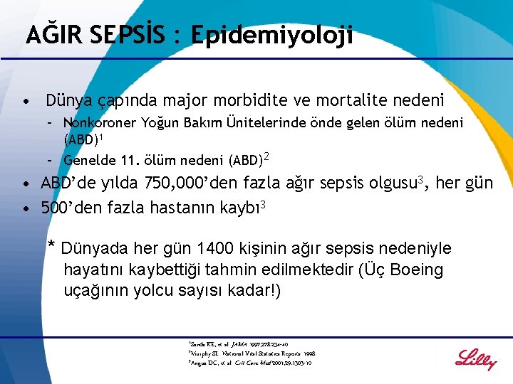 AĞIR SEPSİS : Epidemiyoloji • Dünya çapında major morbidite ve mortalite nedeni – Nonkoroner