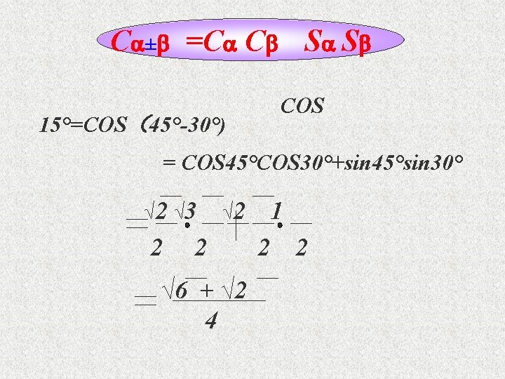 C ± =C C S S COS 15°=COS（45°-30°) = COS 45°COS 30°+sin 45°sin 30°