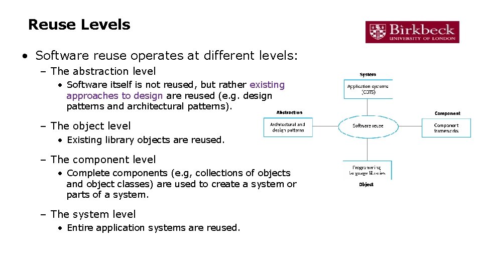 Reuse Levels • Software reuse operates at different levels: – The abstraction level •