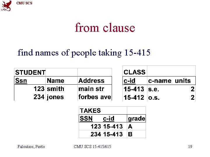 CMU SCS from clause find names of people taking 15 -415 Faloutsos, Pavlo CMU