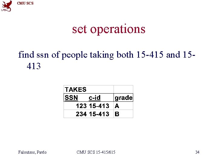 CMU SCS set operations find ssn of people taking both 15 -415 and 15413