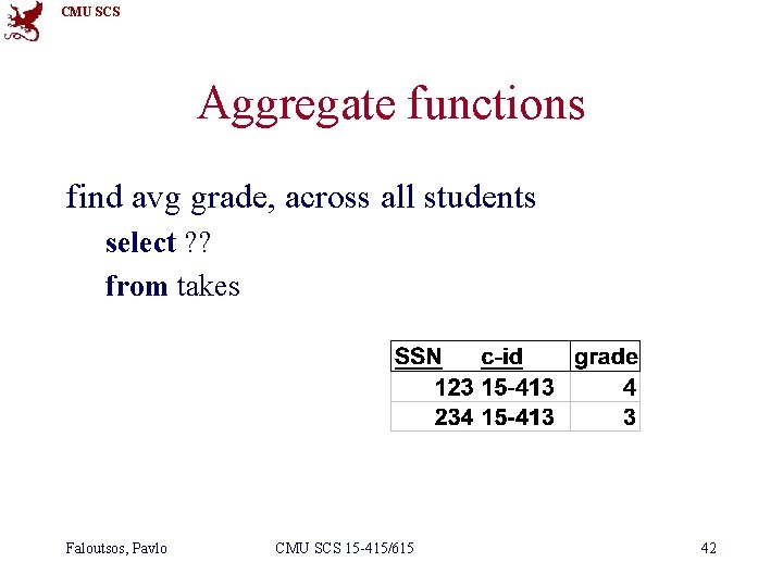 CMU SCS Aggregate functions find avg grade, across all students select ? ? from