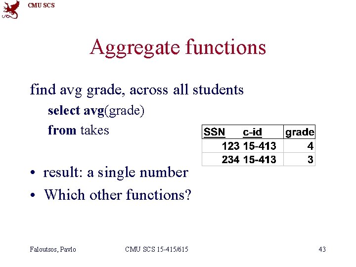 CMU SCS Aggregate functions find avg grade, across all students select avg(grade) from takes