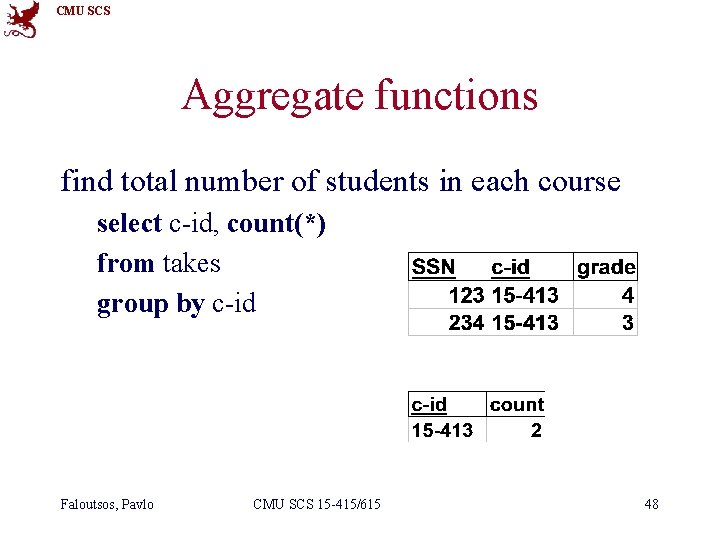 CMU SCS Aggregate functions find total number of students in each course select c-id,