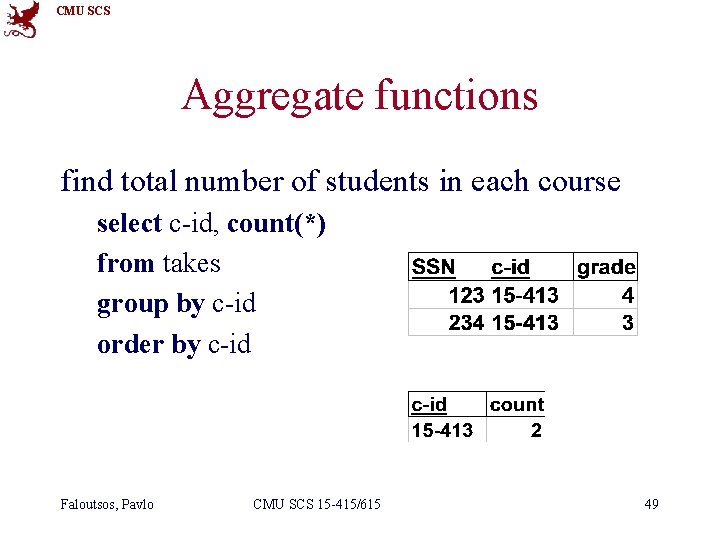 CMU SCS Aggregate functions find total number of students in each course select c-id,
