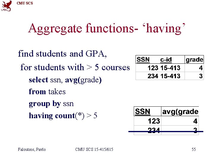 CMU SCS Aggregate functions- ‘having’ find students and GPA, for students with > 5