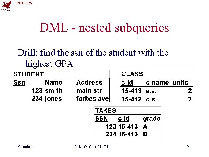 CMU SCS DML - nested subqueries Drill: find the ssn of the student with