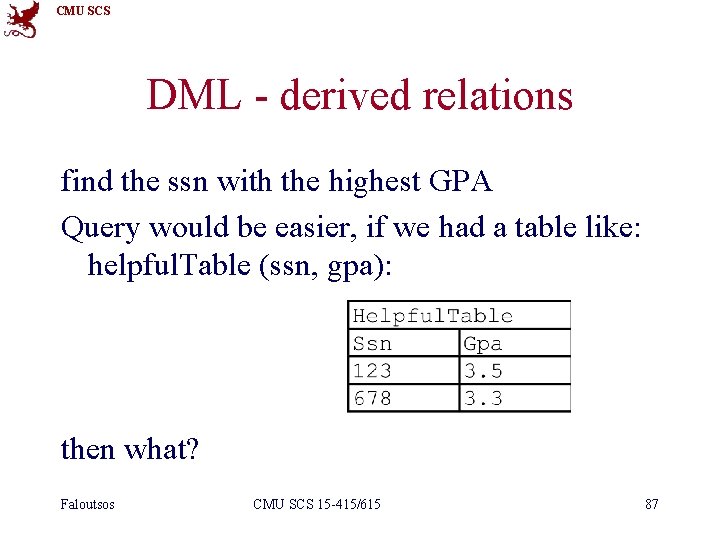 CMU SCS DML - derived relations find the ssn with the highest GPA Query