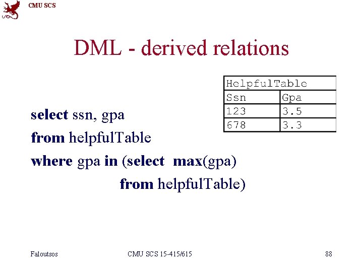 CMU SCS DML - derived relations select ssn, gpa from helpful. Table where gpa