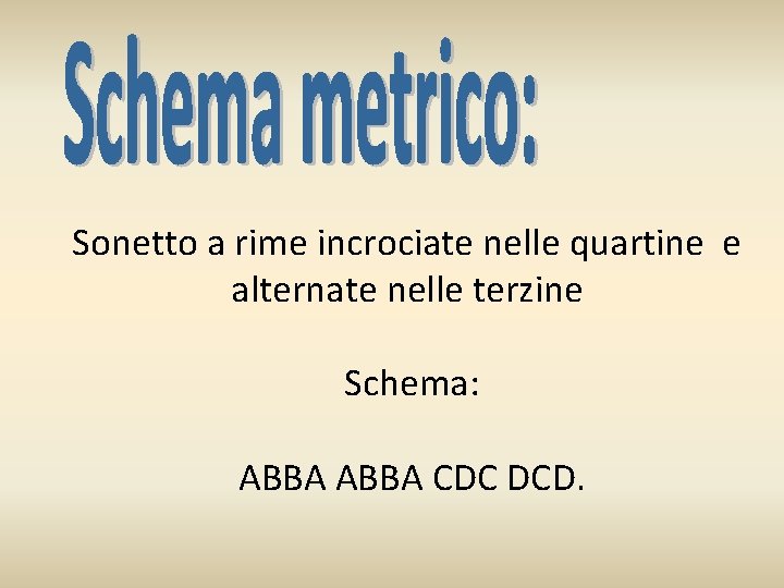 Sonetto a rime incrociate nelle quartine e alternate nelle terzine Schema: ABBA CDC DCD.