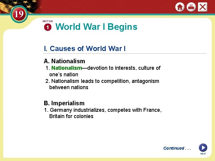 SECTION 1 World War I Begins I. Causes of World War I A. Nationalism