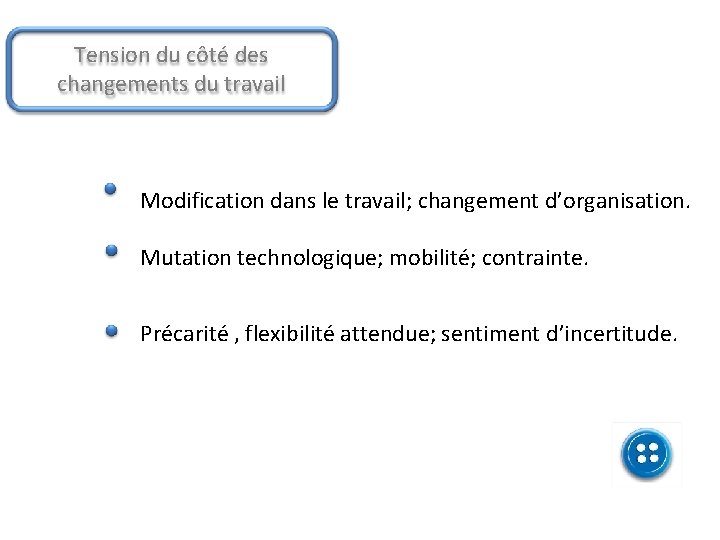 Tension du côté des changements du travail Modification dans le travail; changement d’organisation. Mutation Tension du côté des changements du travail Modification dans le travail; changement d’organisation. Mutation