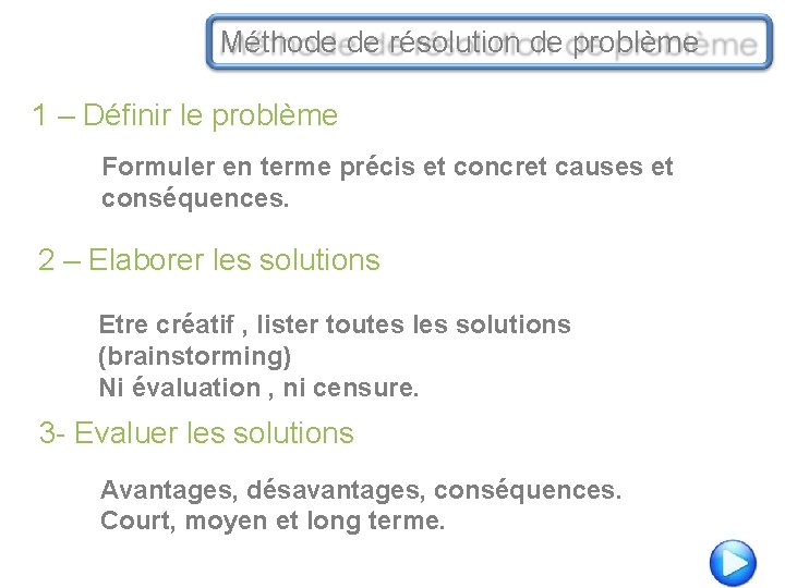 Méthode de résolution de problème 1 – Définir le problème Formuler en terme précis Méthode de résolution de problème 1 – Définir le problème Formuler en terme précis
