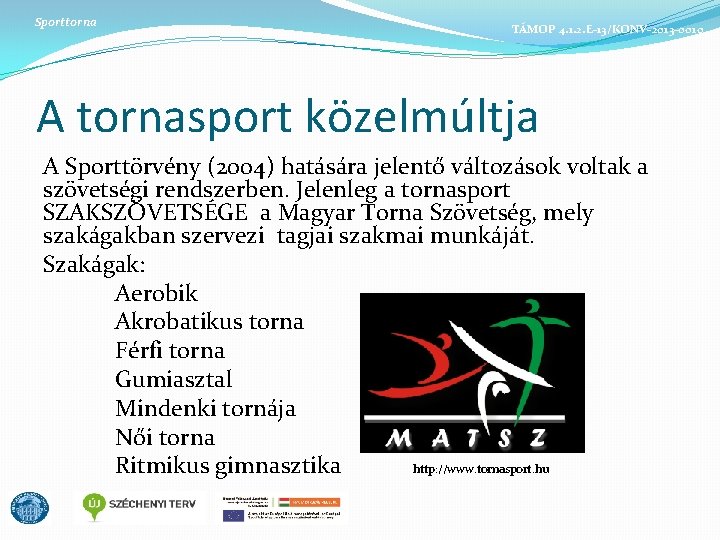 Sporttorna TÁMOP 4. 1. 2. E-13/KONV-2013 -0010 A tornasport közelmúltja A Sporttörvény (2004) hatására