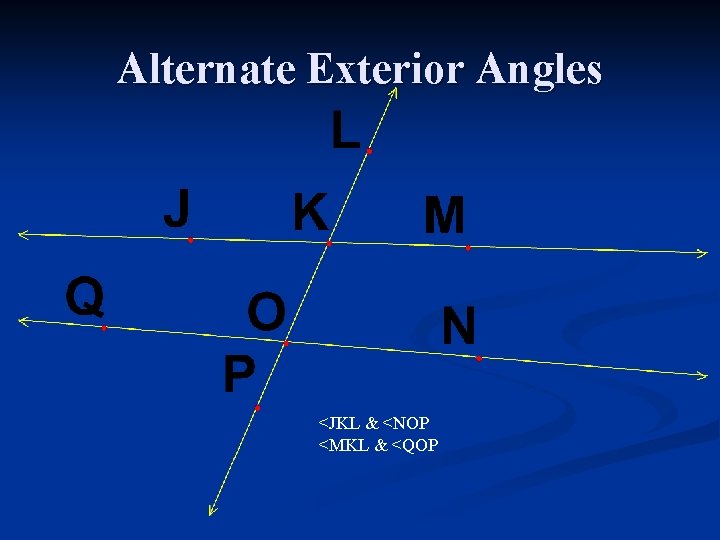 Alternate Exterior Angles <JKL & <NOP <MKL & <QOP 