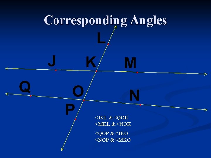 Corresponding Angles <JKL & <QOK <MKL & <NOK <QOP & <JKO <NOP & <MKO