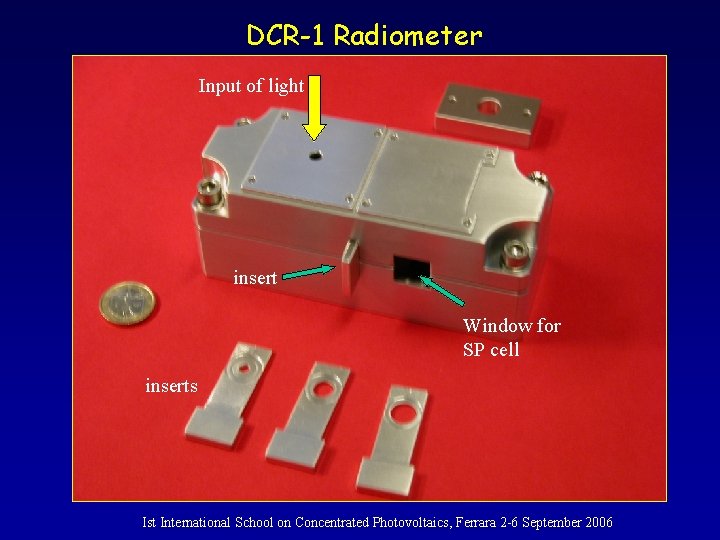 DCR-1 Radiometer Input of light insert Window for SP cell inserts Ist International School