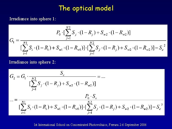 The optical model Irradiance into sphere 1: Irradiance into sphere 2: Ist International School